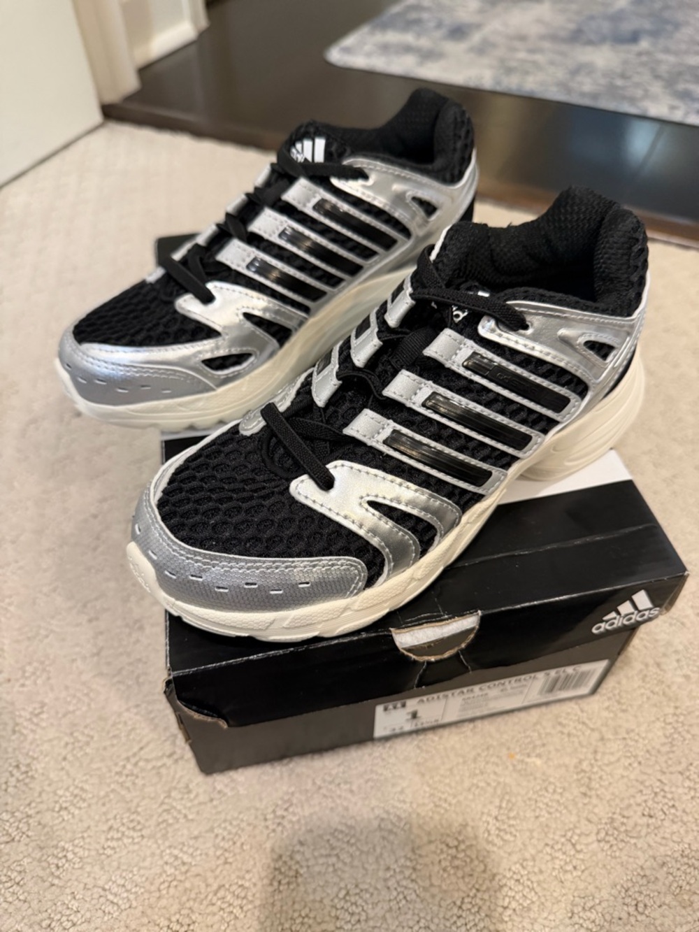 Adidas Control 5 Kids Black Silver Mesh Elastic Lace Sneakers